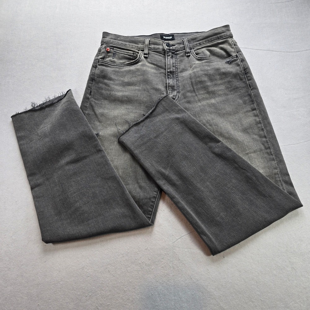 Hudson Kass Mid Rise Straight Leg Jeans Faded Black Distressed Raw Hem Size 27